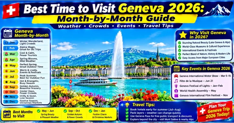 Best time to visit Geneva 2026 showing summer lake swimming Jet d'Eau spring flower clock Escalade festival and autumn Alps reflection