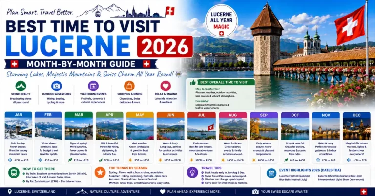 Best time to visit Lucerne 2026 showing summer lake swimming Pilatus rack railway autumn Chapel Bridge Fasnacht carnival and Festival
