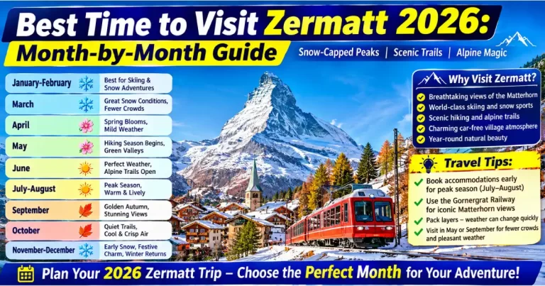 Best time to visit Zermatt 2026 showing winter skiing Matterhorn summer Five Lakes Walk autumn larch forest and spring village