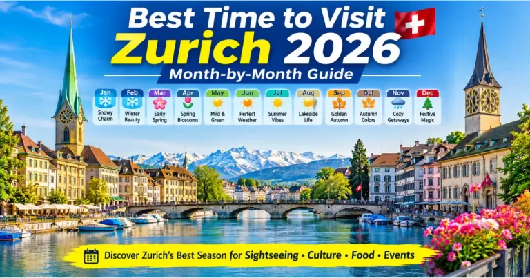 Best time to visit Zurich 2026 showing summer lake swimming spring cherry blossoms autumn Zürichberg and December Christmas market