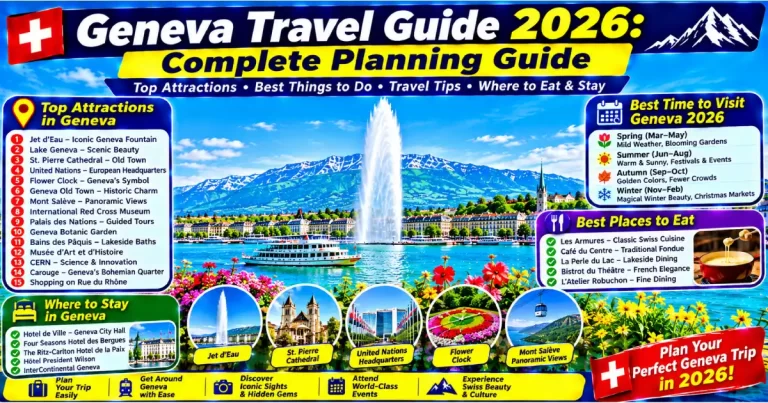Geneva travel guide 2026 showing Geneva Airport train connection tram network Old Town Jet d'Eau Bains des Pâquis and day trip map