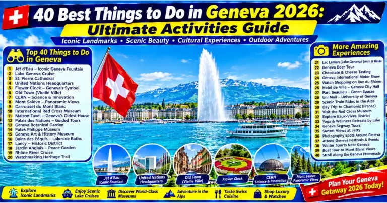 Things to do in Geneva 2026 showing UN Palais des Nations Jet d'Eau Bains des Pâquis lake swimming CERN and Old Town