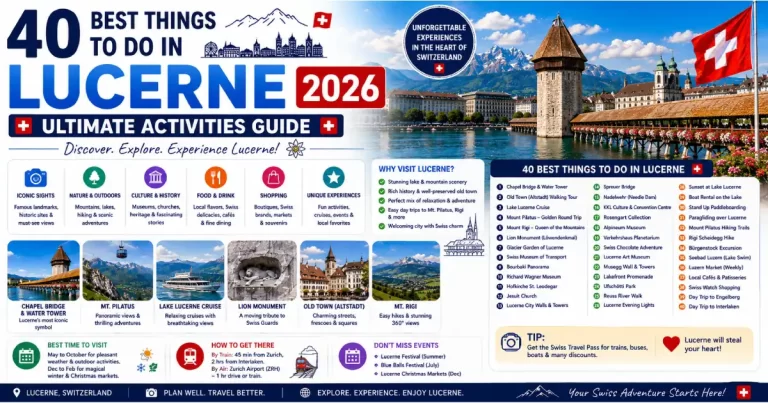 Things to do in Lucerne 2026 showing Chapel Bridge dawn Pilatus rack railway Lake Lucerne steamer Musegg Wall and Lion Monument