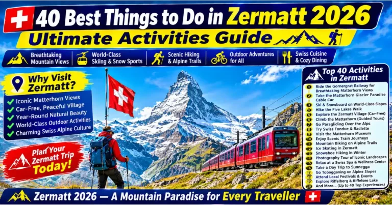 Things to do in Zermatt 2026 showing Five Lakes Walk Matterhorn skiing Gornergrat railway alpenglow sunrise and Chez Vrony dining