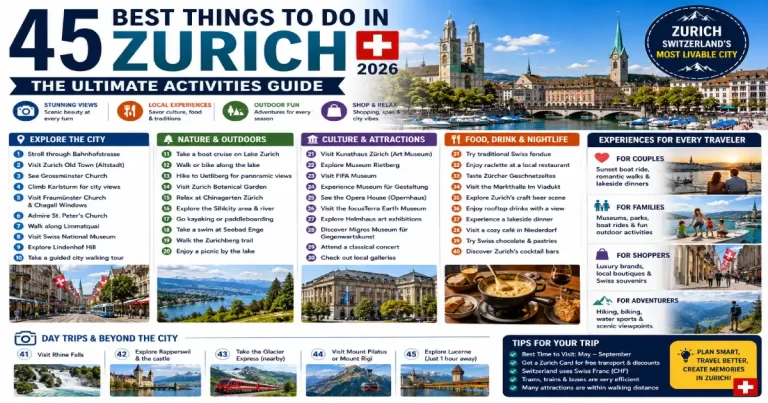 Things to do in Zurich 2026 showing Kunsthaus art museum Limmat river swimming Rhine Falls day trip Bahnhofstrasse and Grossmünster