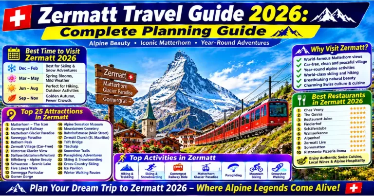 Zermatt travel guide 2026 showing Matterhorn Gotthard Bahn train arrival village Bahnhofstrasse Matterhorn view and cable car map