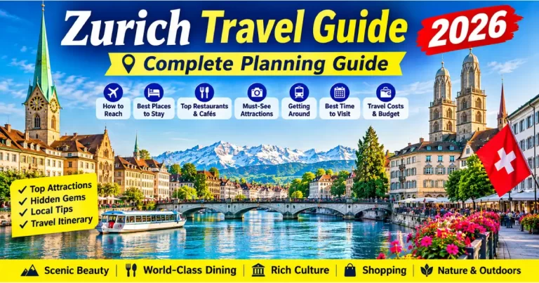 Zurich travel guide 2026 showing Hauptbahnhof tram network Old Town Grossmünster Lake Zurich and day trip map for planning