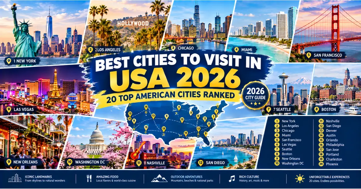 Best cities to visit in USA 2026 ranked showing New York City New Orleans Chicago San Francisco Nashville Savannah and more