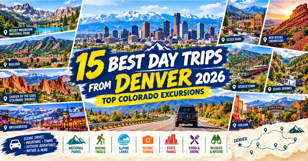 Best day trips from Denver 2026 showing Rocky Mountain National Park Breckenridge skiing Garden of the Gods Pikes Peak and Boulder