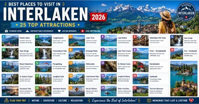 Best places to visit in Interlaken 2026 showing Höheweg Jungfrau view Harder Kulm Lauterbrunnen Valley Lake Thun and Jungfraujoch