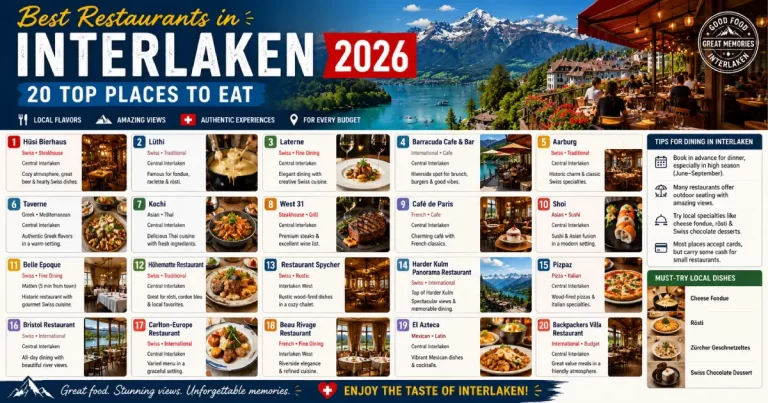 Best restaurants in Interlaken 2026 showing La Terrasse Victoria-Jungfrau terrace Hüsi Bierhaus Berner Rösti and Harder Kulm mountain dining