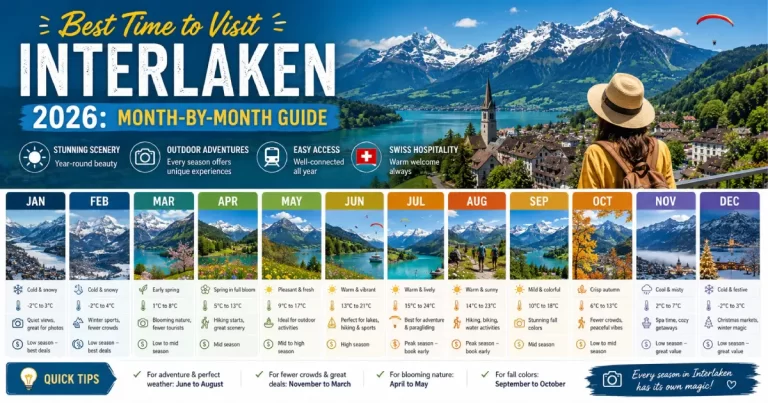 Best time to visit Interlaken 2026 showing summer paragliding spring waterfalls autumn larch forest winter Jungfraujoch and skiing