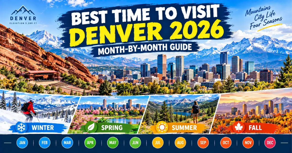 Best time to visit Denver 2026 showing September elk rut Rocky Mountains October aspen color ski season Red Rocks and monthly guide