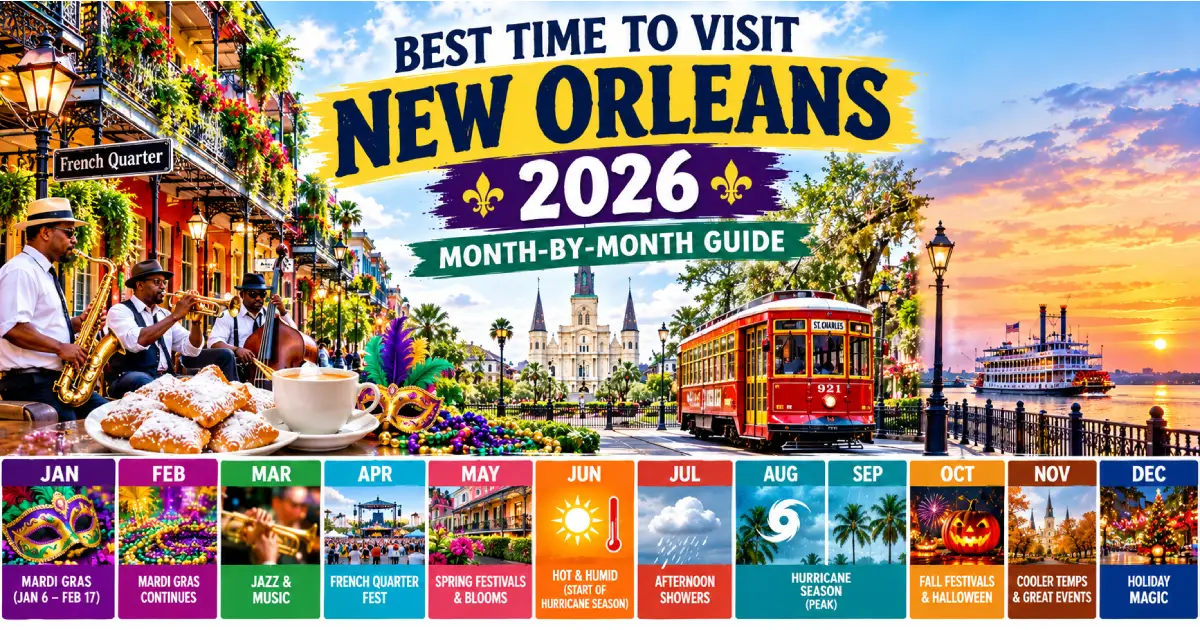 Best time to visit New Orleans 2026 showing Mardi Gras parade Jazz Fest October weather French Quarter and seasonal guide