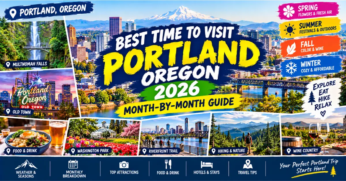 Best time to visit Portland Oregon 2026 showing summer sunshine Rose Festival Japanese Garden cherry blossoms and fall Forest Park color