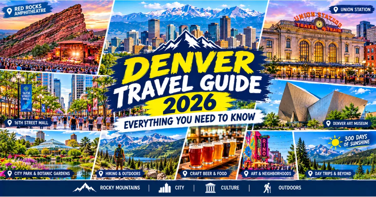 Denver travel guide 2026 showing Red Rocks Amphitheatre Rocky Mountains Union Station RiNo murals craft beer and Capitol building