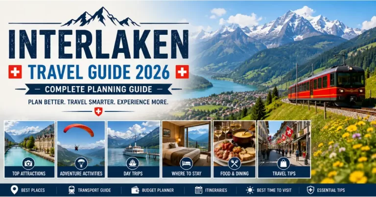 Interlaken travel guide 2026 showing Höheweg Jungfrau view BOB mountain train two stations Swiss Travel Pass and Harder Kulm