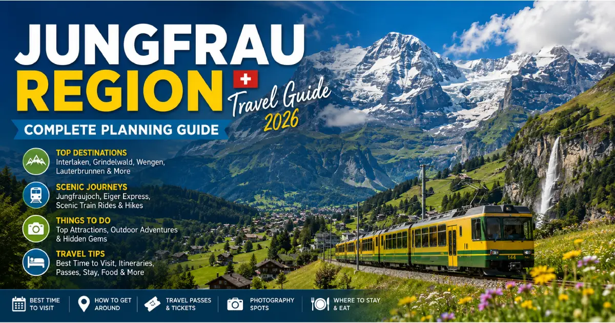 Jungfrau Region travel guide 2026 showing Eiger Mönch Jungfrau Grindelwald Lauterbrunnen Wengen Mürren Jungfraujoch and ski region