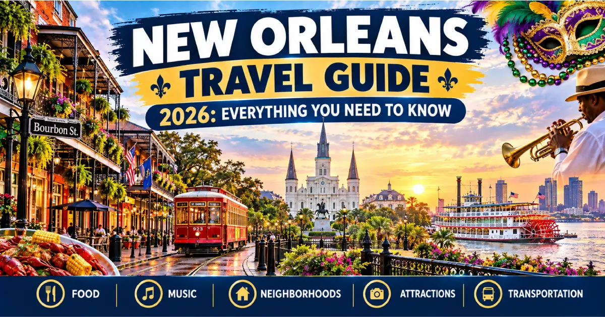 New Orleans travel guide 2026 showing French Quarter architecture Garden District streetcar Mississippi River and Frenchmen Street jazz