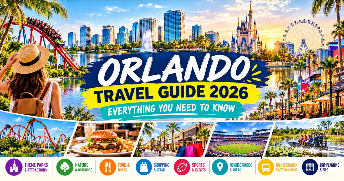 Orlando travel guide 2026 showing Magic Kingdom Cinderella Castle Universal Orlando Epic Universe Kennedy Space Center and International Drive