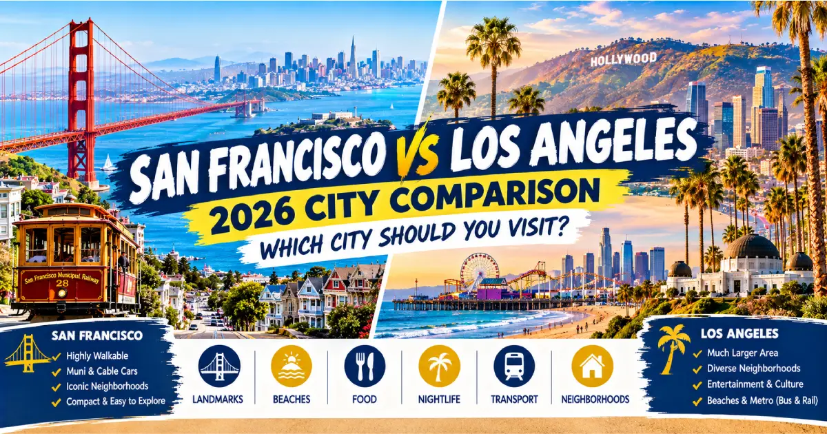 San Francisco vs Los Angeles 2026 showing Golden Gate Bridge fog versus Santa Monica beach sunshine Hollywood Sign