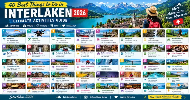 Things to do in Interlaken 2026 showing paragliding Jungfraujoch Lauterbrunnen waterfalls skydiving Lake Thun steamer and Harder Kulm