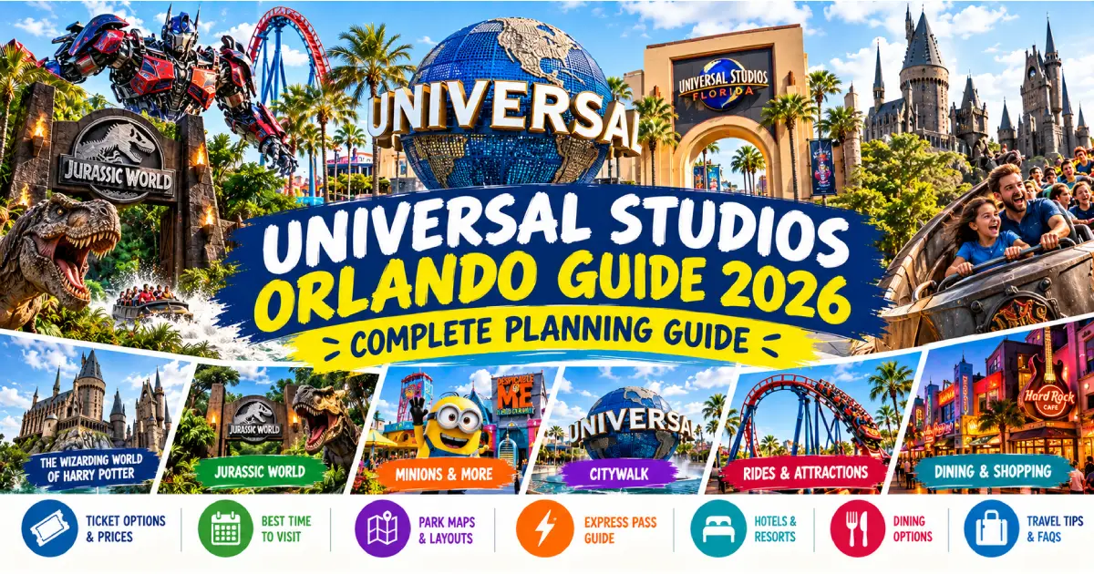 Universal Studios Orlando guide 2026 showing Epic Universe Harry Potter Hagrid's ride Diagon Alley VelociCoaster and Express Pass