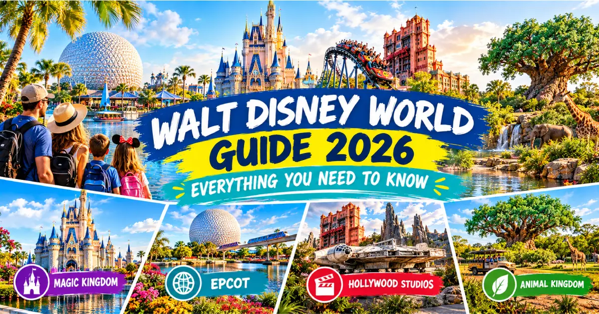 Walt Disney World guide 2026 showing Magic Kingdom Cinderella Castle EPCOT Hollywood Studios Animal Kingdom and resort hotels
