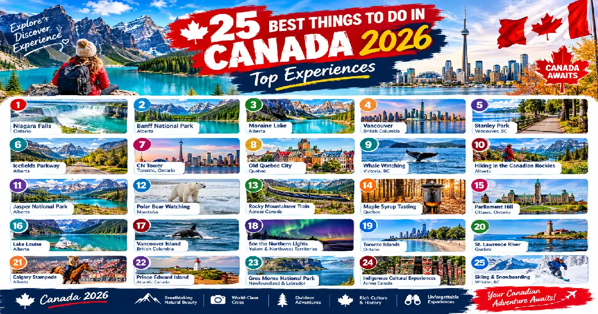 Things to do in Canada 2026 including hiking Banff, Niagara Falls boat tour, northern lights and whale watching
