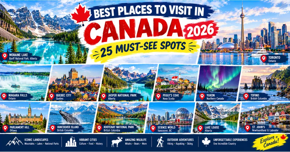 Places to visit in Canada 2026 including Lake Louise, Niagara Falls, Quebec City and Vancouver skyline