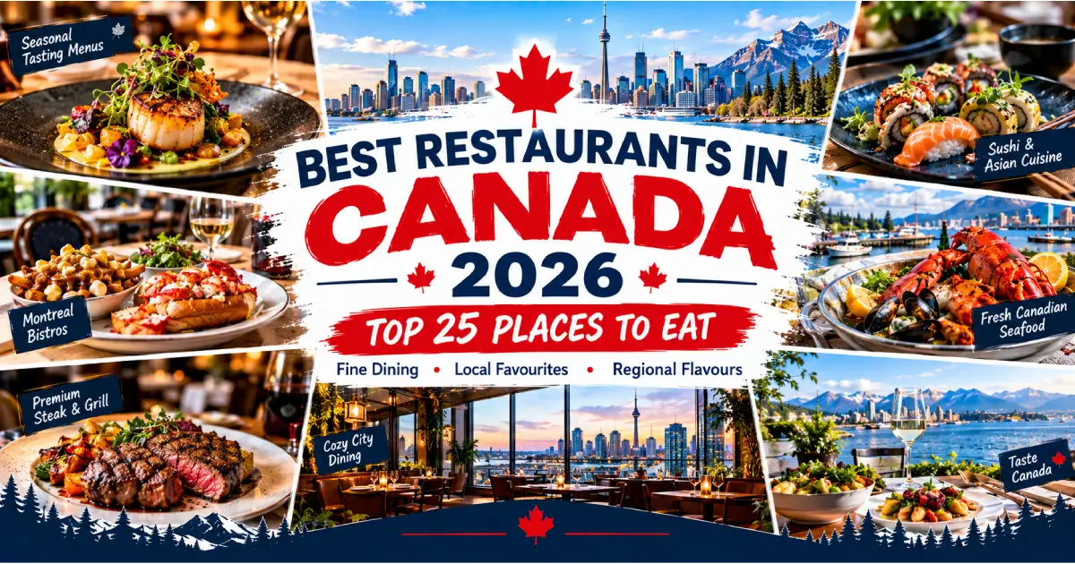 Best restaurants in Canada 2026 showing a tasting menu dish, Montreal bistro and Toronto fine dining