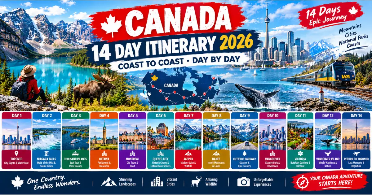 Canada 14 day itinerary 2026 coast to coast route from Toronto and Old Quebec to Banff and Vancouver