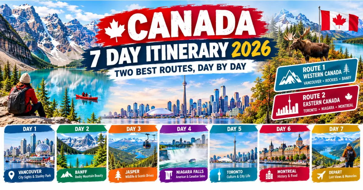 Canada 7 day itinerary 2026 showing Banff mountains, Old Quebec and Toronto skyline route stops