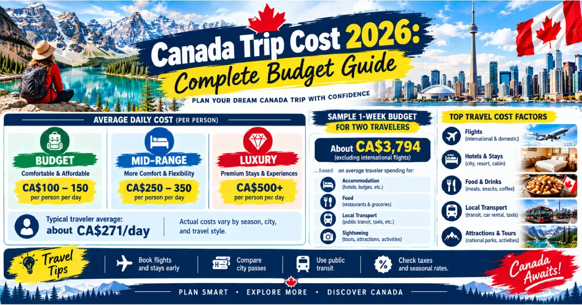 Canada trip cost 2026 budget guide featuring Canadian dollar bills, a Banff mountain lake and Toronto skyline