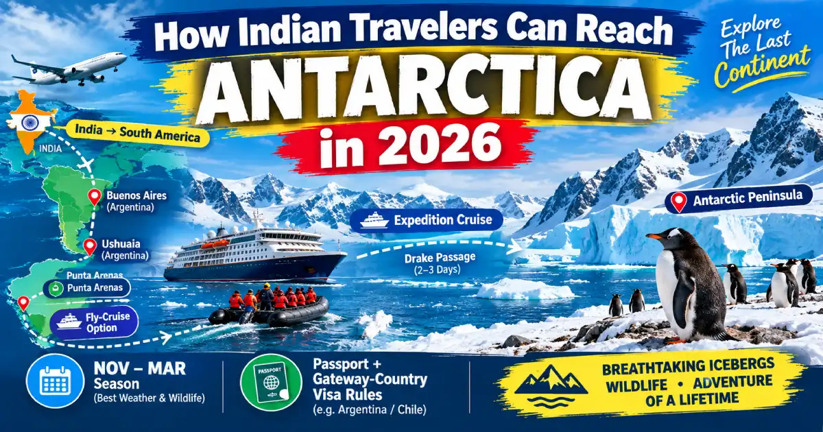 How Indian travelers can reach Antarctica 2026 cruise ship Ushuaia Drake Passage iceberg wildlife penguin expedition guide