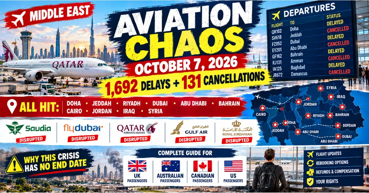 Middle East Aviation Chaos Oct 7 2026: 1,692 Delays, 131 Cancellations
