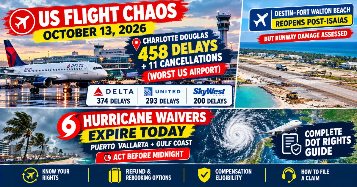 US flight chaos October 13 2026 showing Charlotte Douglas delays and Destin airport reopening after Hurricane Isaias